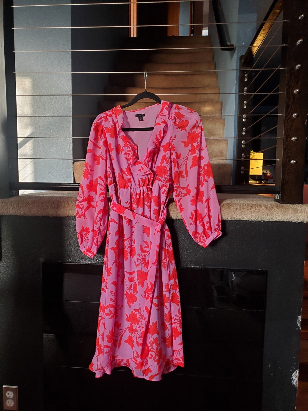 Ann Taylor Pink Midi Dress with Red Floral Print and Tie Waist